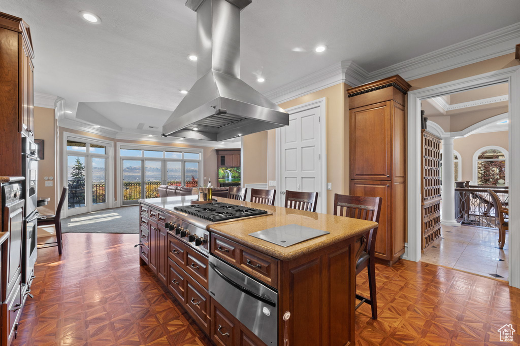 Kitchen with stainless steel appliances, a breakfast bar area, crown molding, island exhaust hood, and a kitchen island