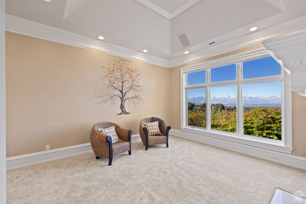 Unfurnished room featuring a wealth of natural light, light carpet, and crown molding