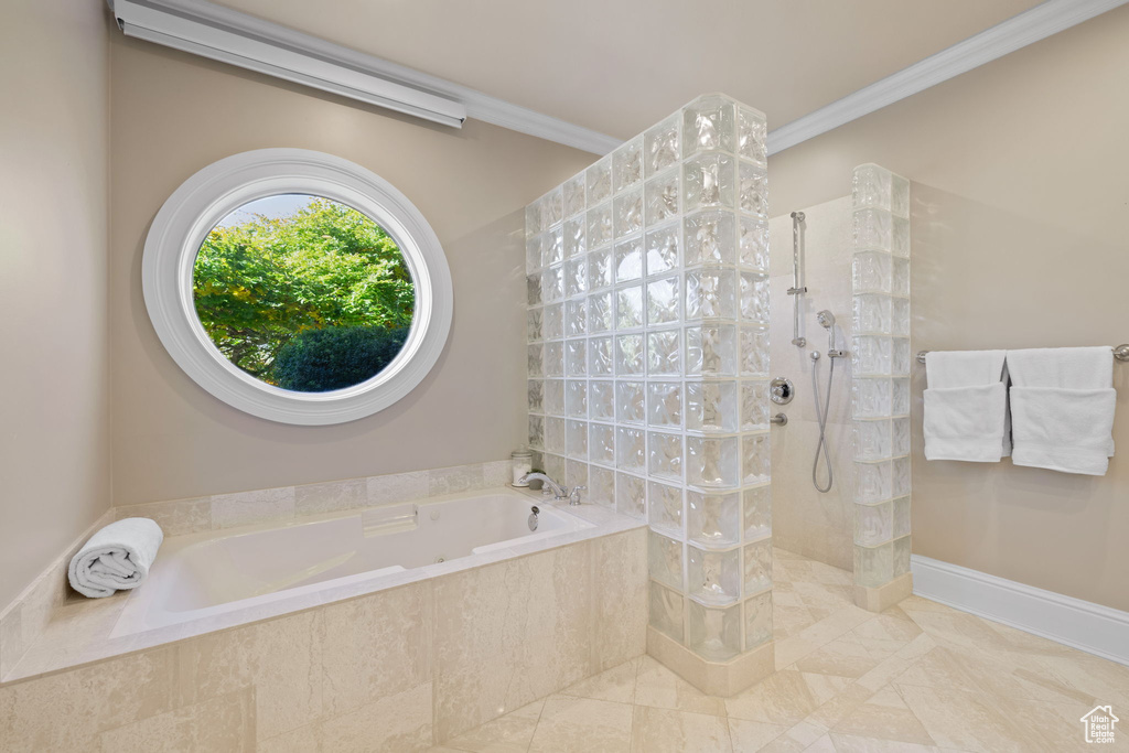 Bathroom with separate shower and tub and ornamental molding