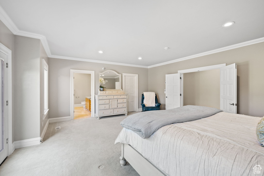 Carpeted bedroom with crown molding and connected bathroom