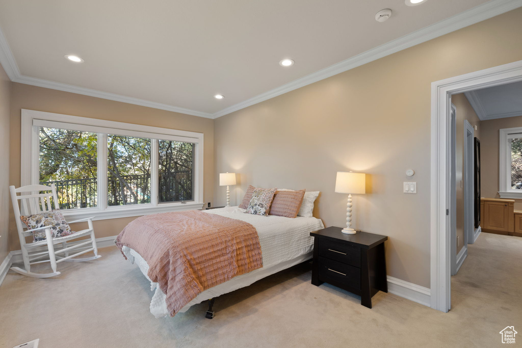 Carpeted bedroom with ornamental molding