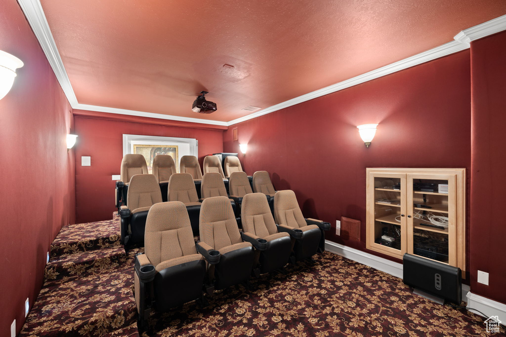 Home theater featuring ornamental molding