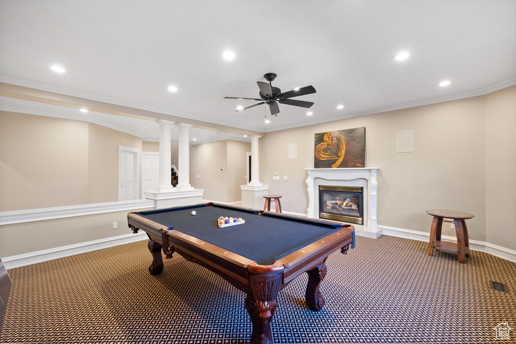 Playroom featuring ornate columns, carpet flooring, pool table, and crown molding