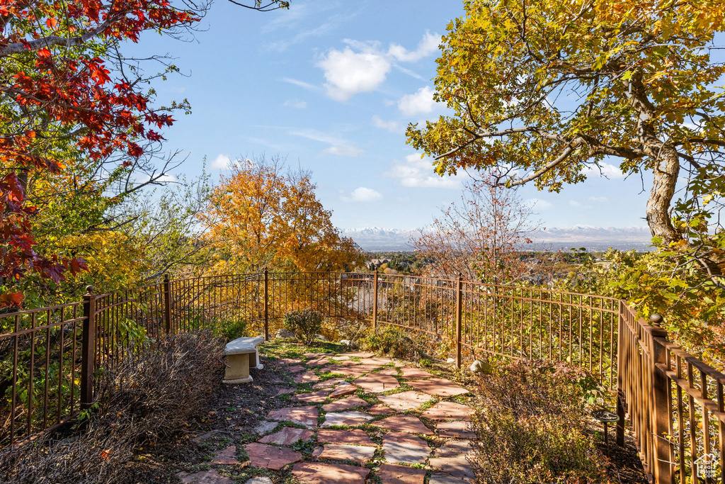 View of patio featuring a mountain view