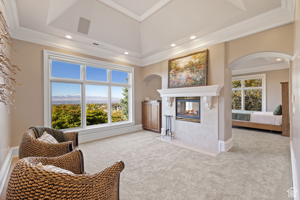 Living area featuring a multi sided fireplace, a wealth of natural light, and ornamental molding