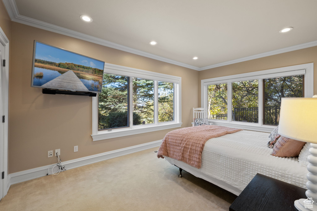 Bedroom with light colored carpet and ornamental molding