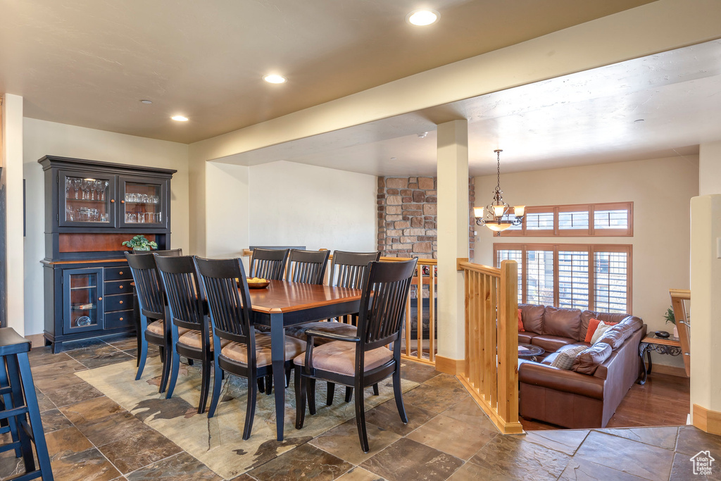 Dining room with an inviting chandelier