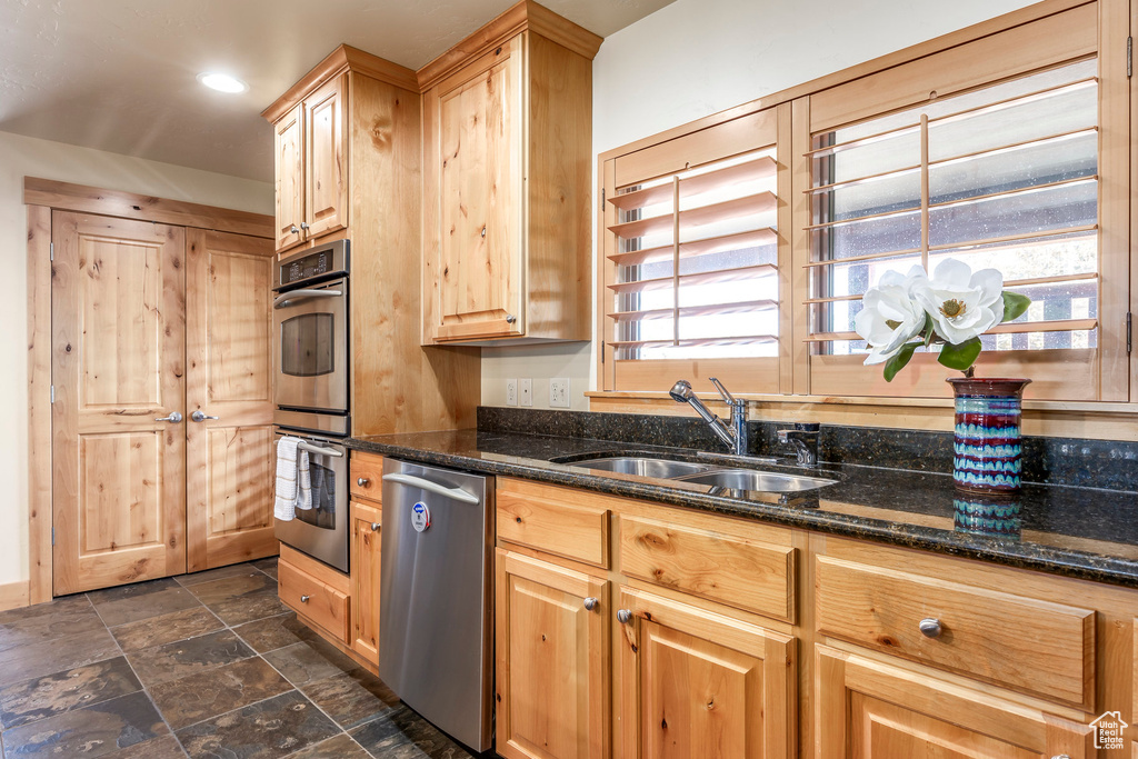 Kitchen featuring dark stone counters, sink, a healthy amount of sunlight, and stainless steel appliances