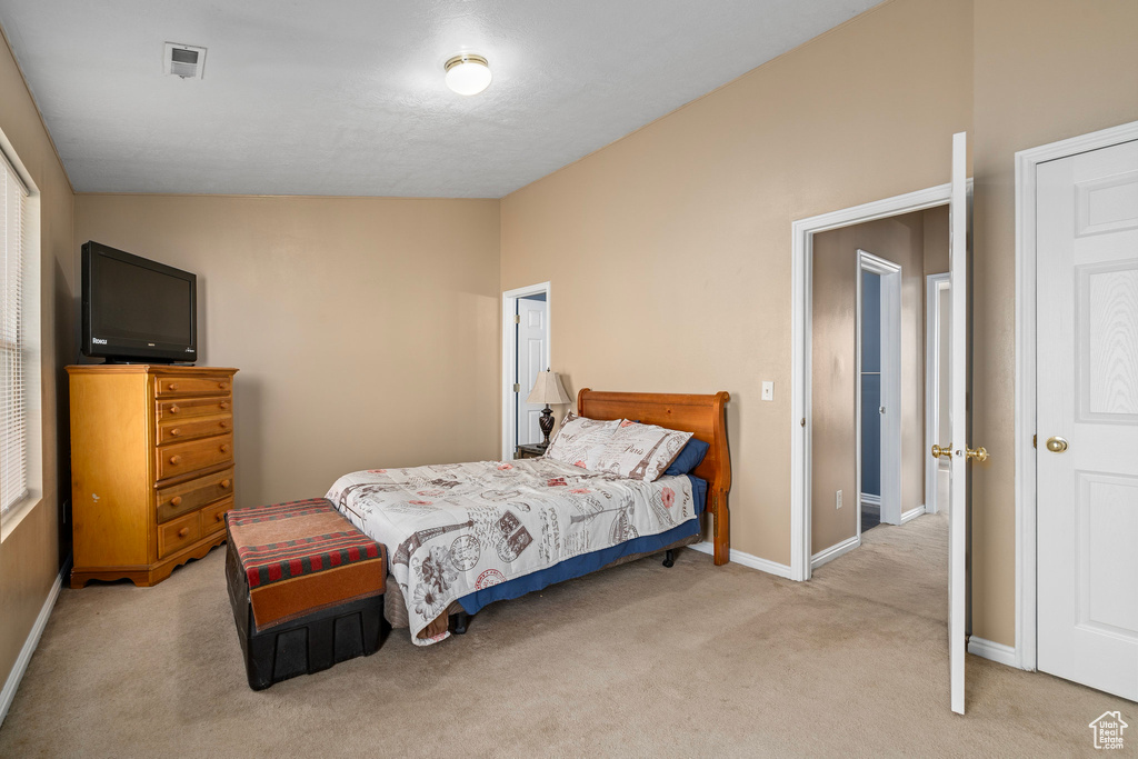 Carpeted bedroom with vaulted ceiling