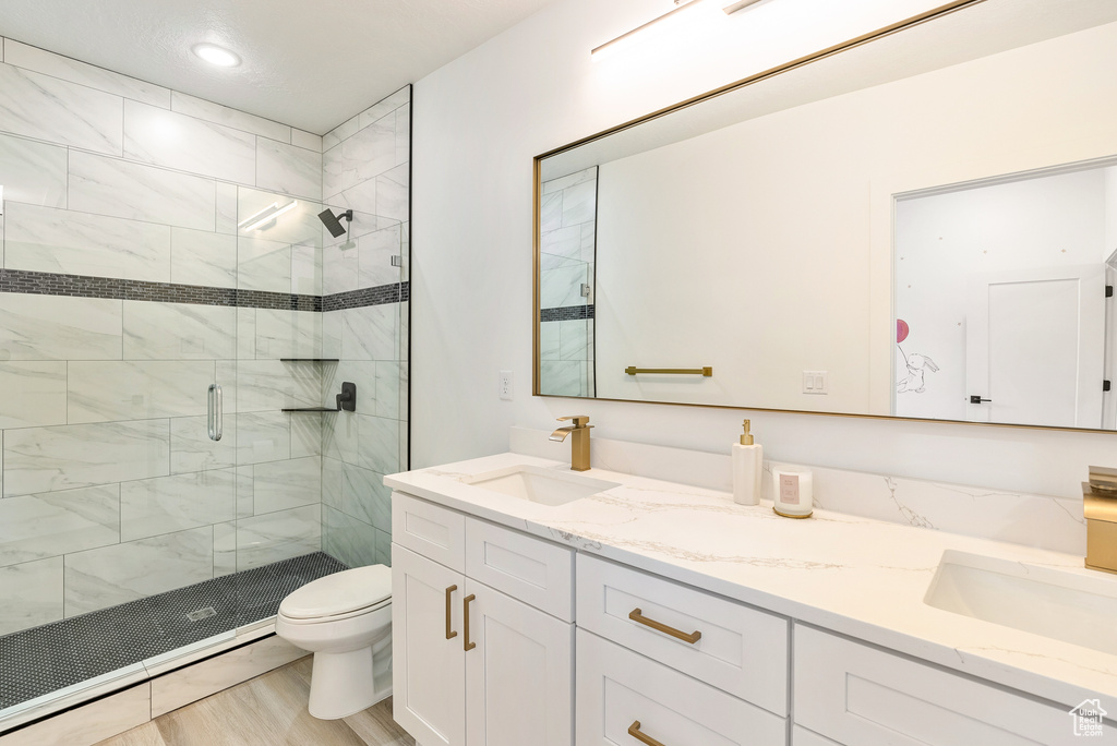 Bathroom with vanity, toilet, and a shower with door