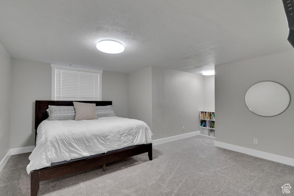 Carpeted bedroom with a textured ceiling