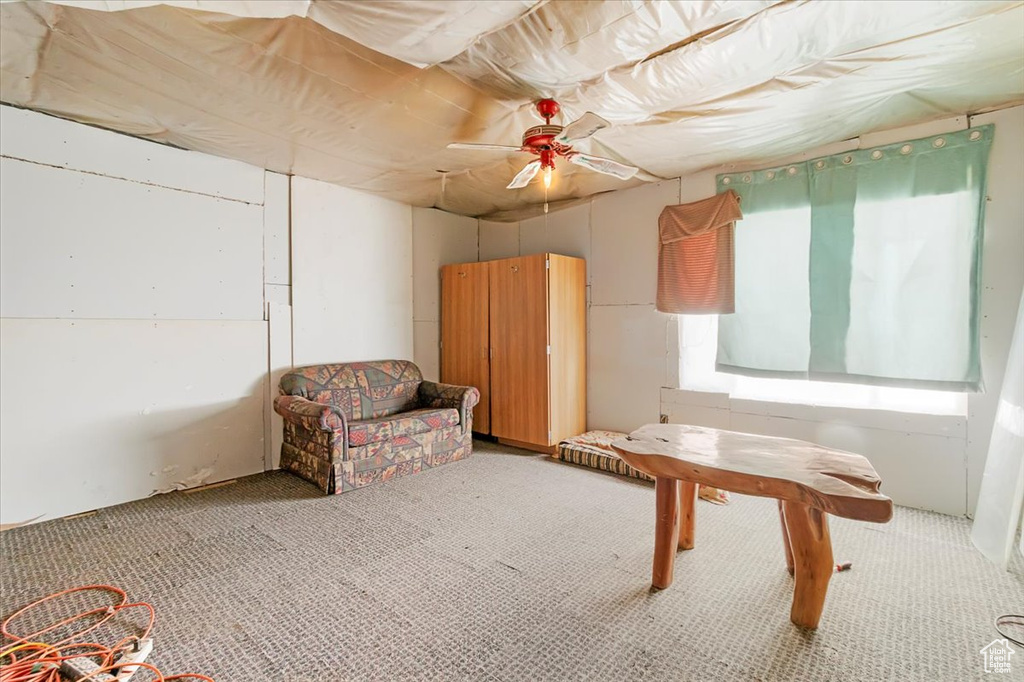 Misc room with ceiling fan and carpet flooring