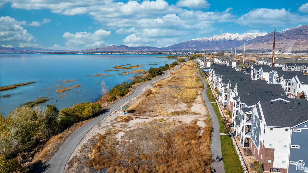 Bird's eye view with a water and mountain view