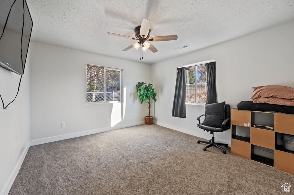 Office space featuring a textured ceiling, ceiling fan, and carpet floors