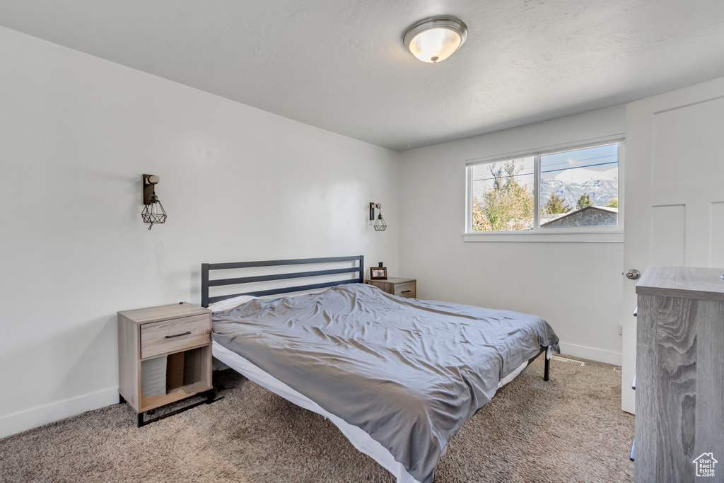 Bedroom with light colored carpet