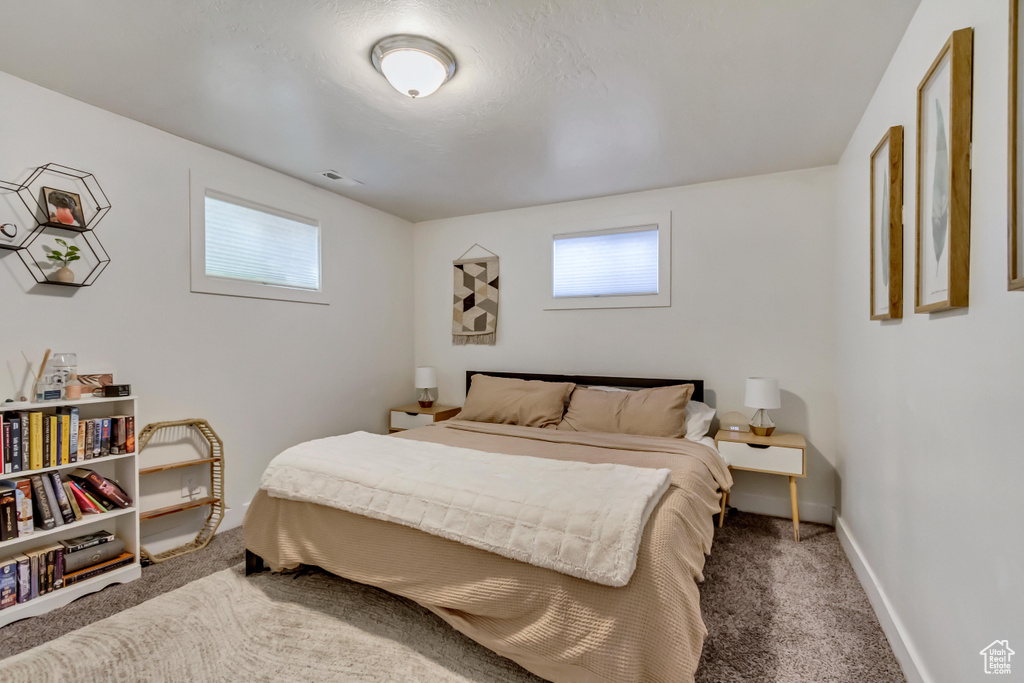 Bedroom with multiple windows and carpet flooring