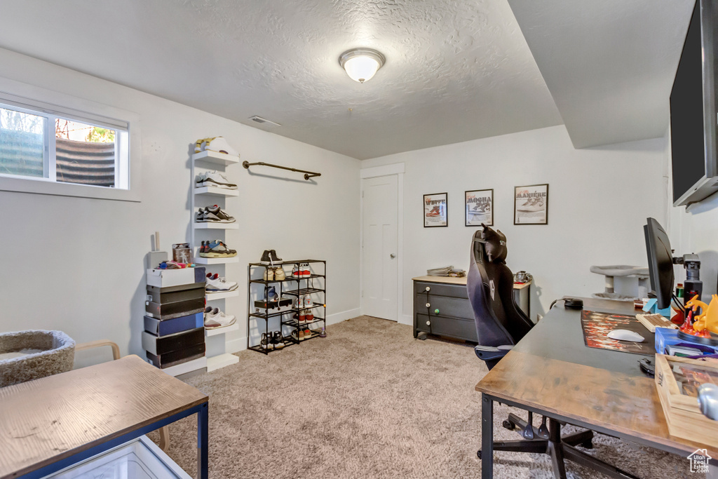 Carpeted home office with a textured ceiling