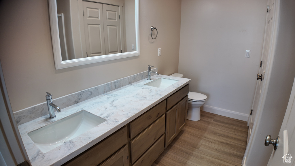 Bathroom featuring toilet, vanity, and hardwood / wood-style floors