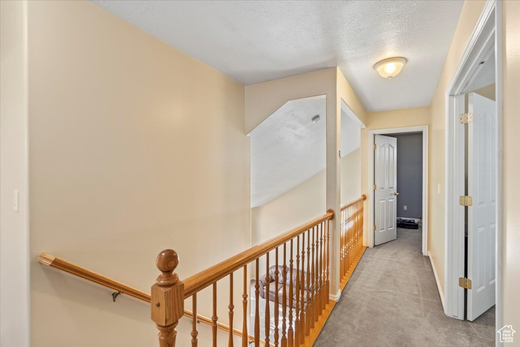 Hallway featuring carpet floors, a textured ceiling, and baseboards