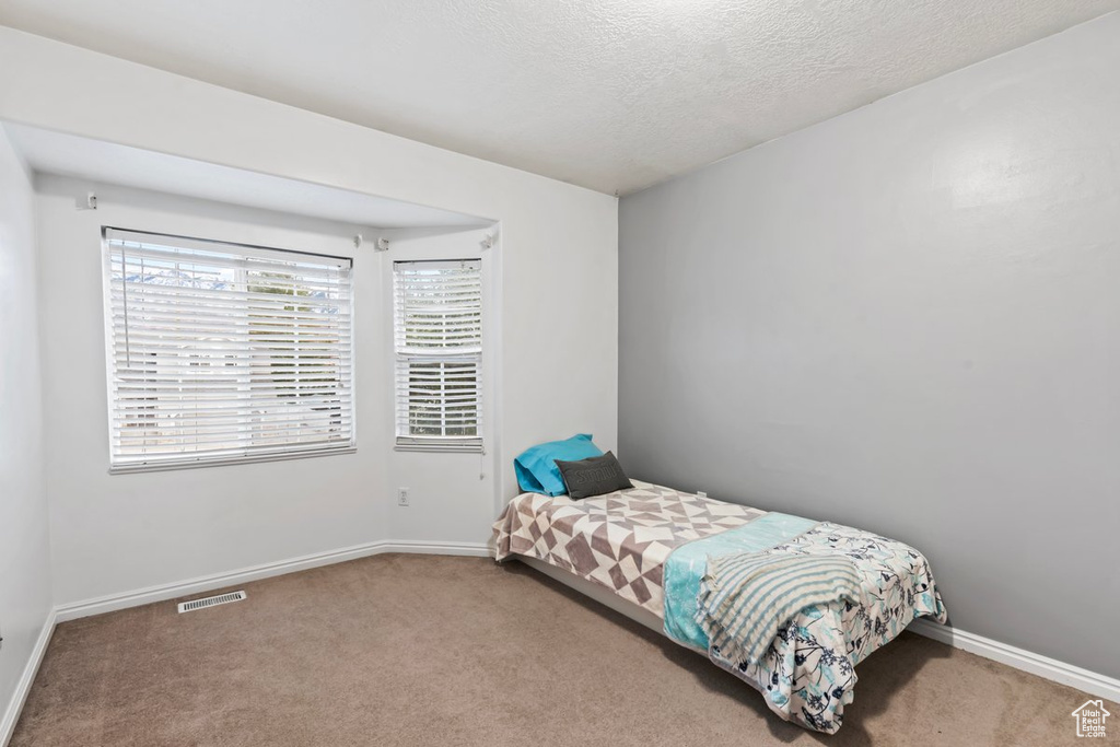 Carpeted bedroom with a textured ceiling