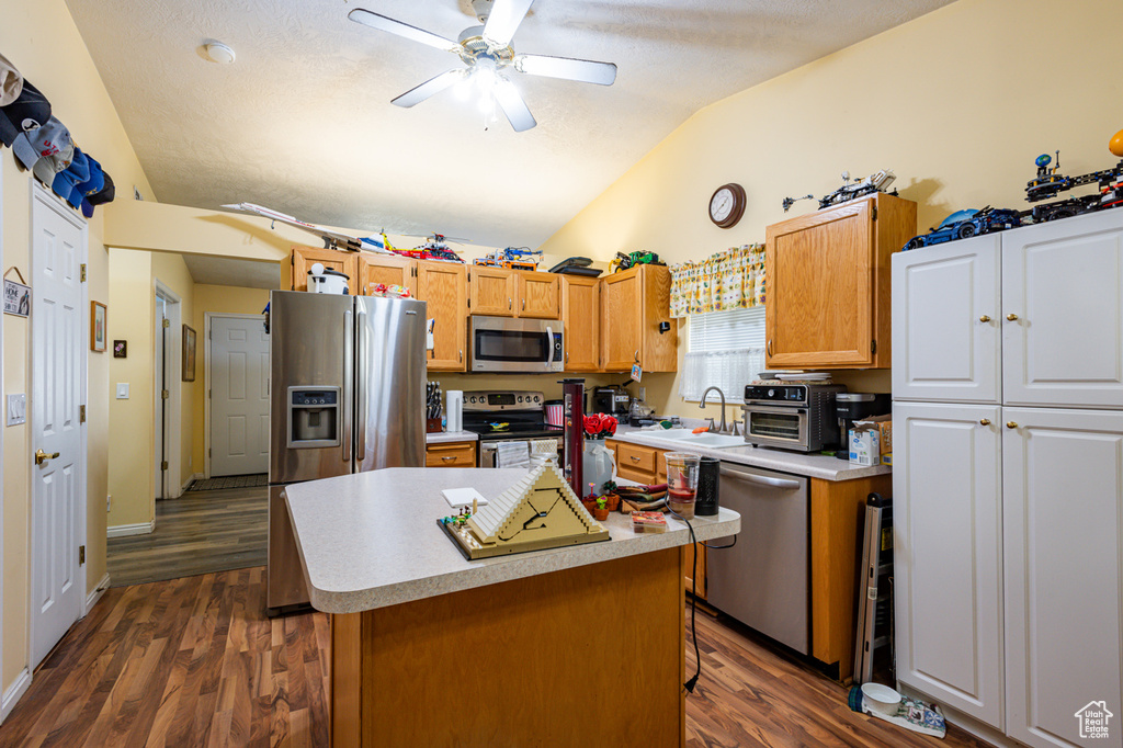 Kitchen with appliances with stainless steel finishes, ceiling fan, lofted ceiling, a center island, and dark wood-type flooring