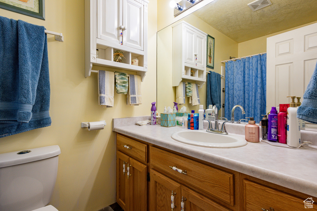 Bathroom with toilet, vanity, a textured ceiling, and a shower with shower curtain