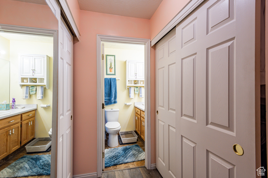 Bathroom featuring hardwood / wood-style floors, vanity, and toilet