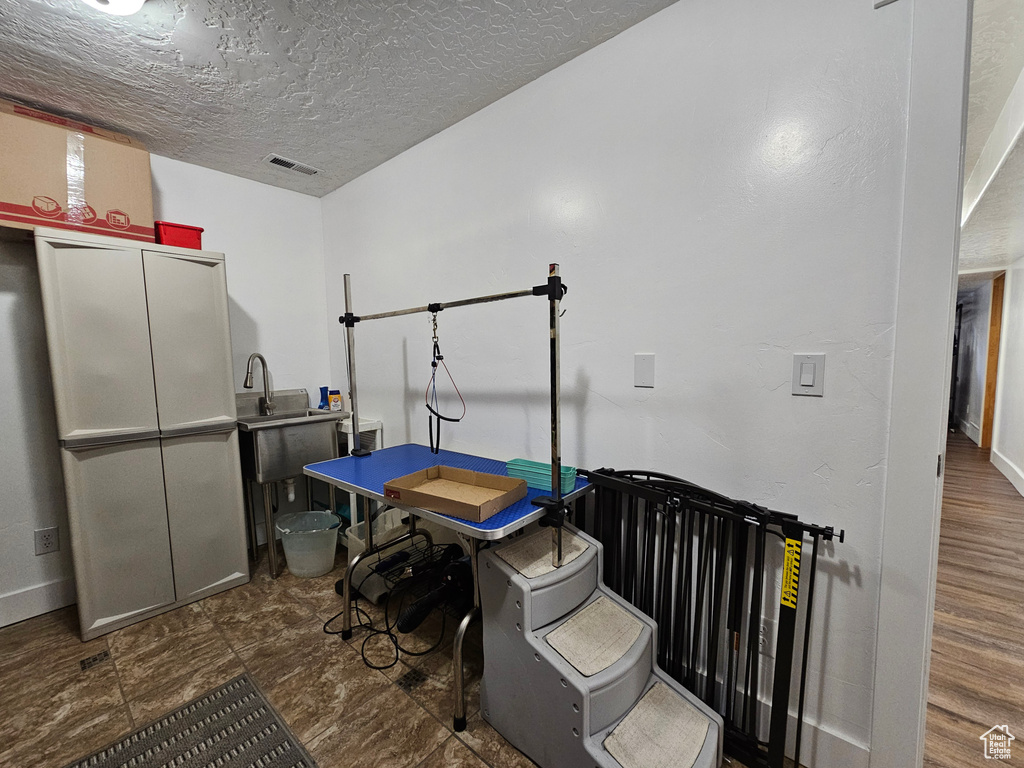 Miscellaneous room featuring sink, dark hardwood / wood-style flooring, and a textured ceiling