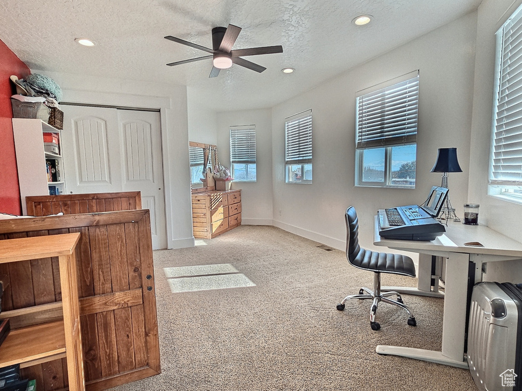 Office area with light carpet, ceiling fan, and a textured ceiling