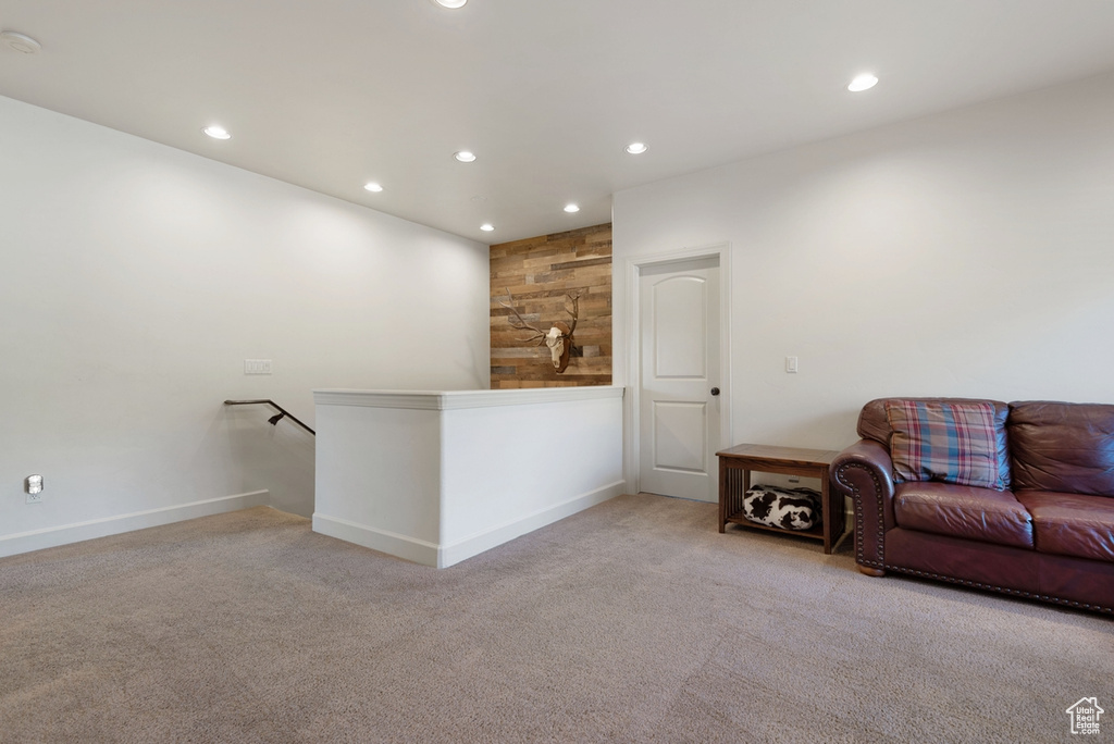 Interior space with light colored carpet