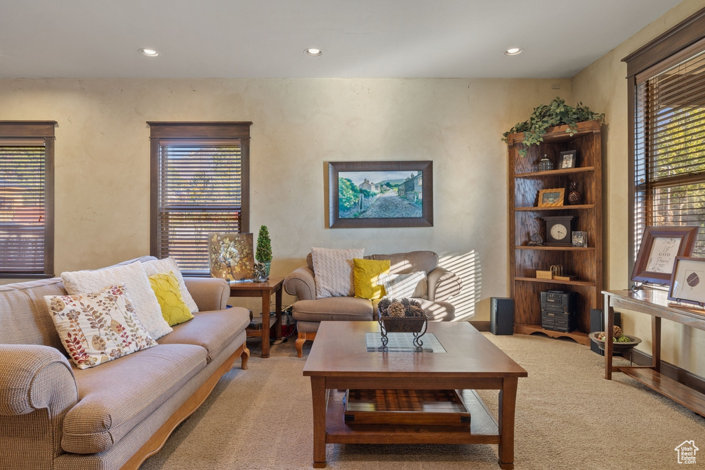 Living room with light colored carpet