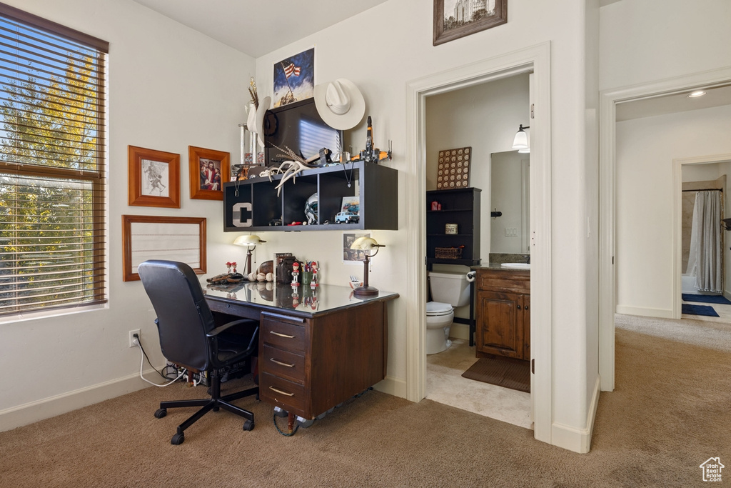 Office area with light colored carpet