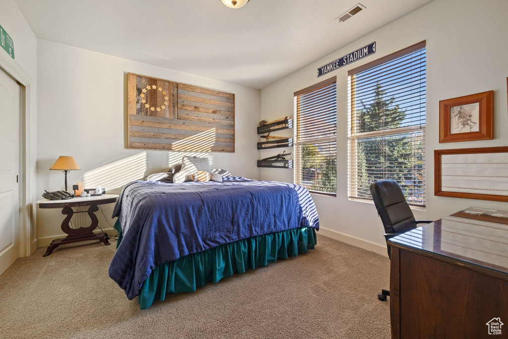 Bedroom with light colored carpet
