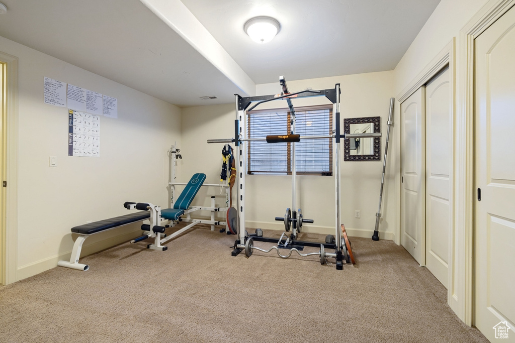 Exercise area featuring light carpet
