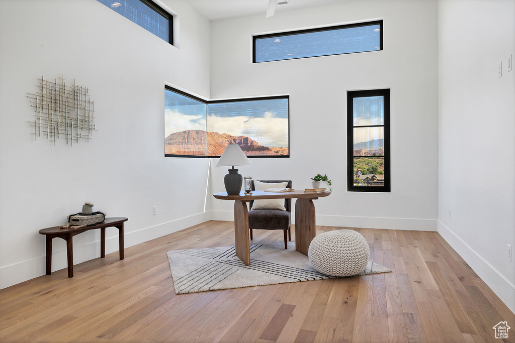 Office space featuring a high ceiling and light hardwood / wood-style floors