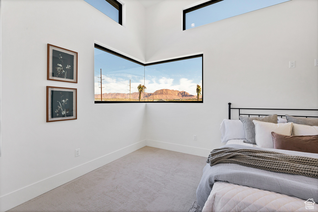 Carpeted bedroom featuring a towering ceiling