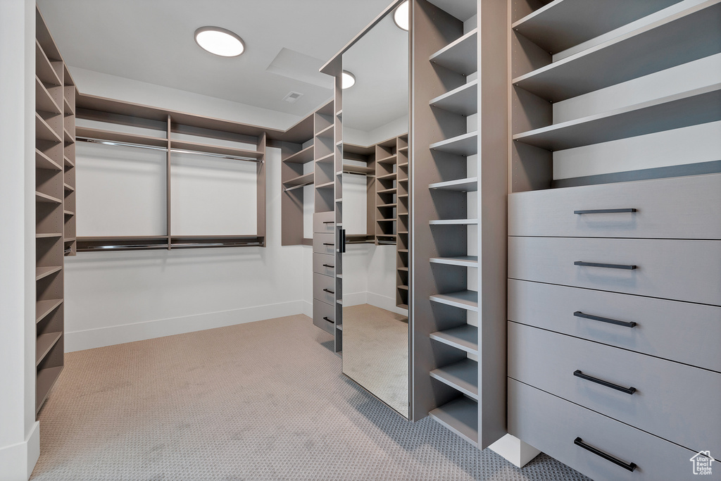 Walk in closet with light carpet