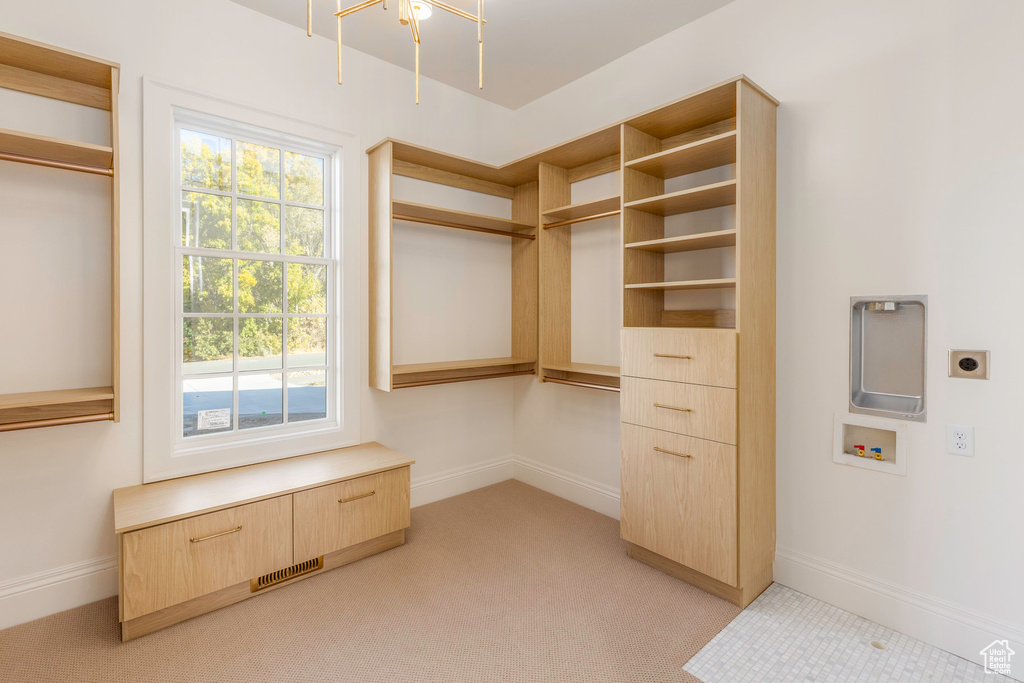 Spacious closet with light carpet