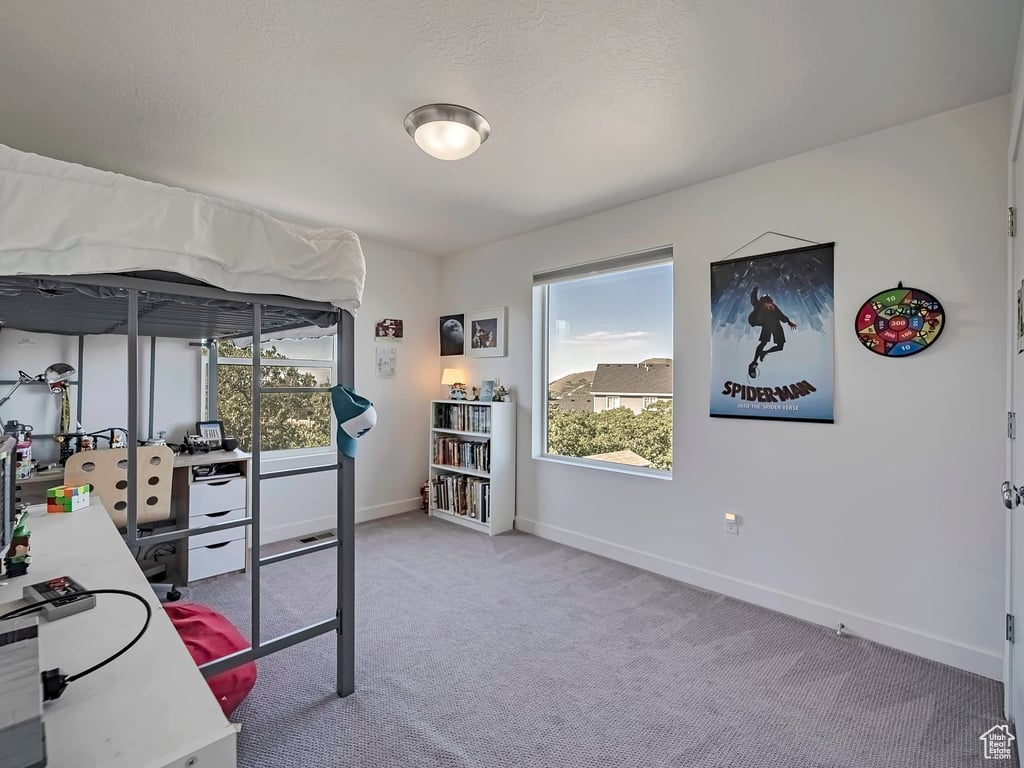 Bedroom featuring a desk, carpet flooring, and multiple windows