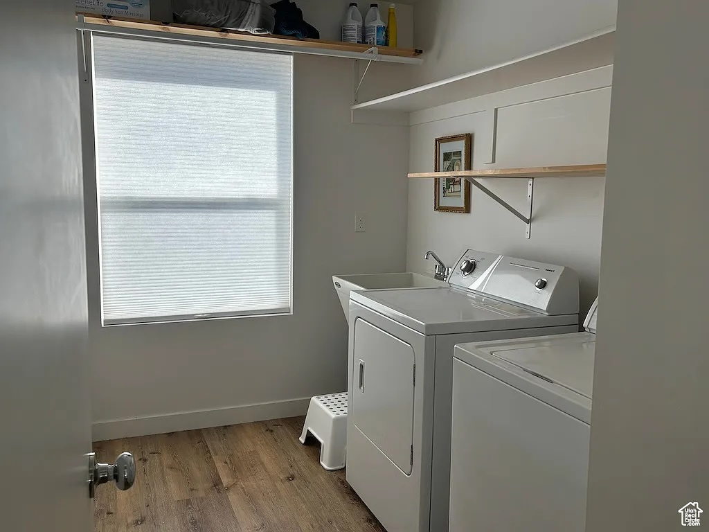 Laundry room featuring washer and dryer, light wood-type flooring, and healthy amount of natural light