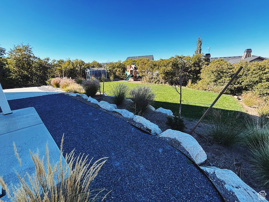 View of green lawn with a playground