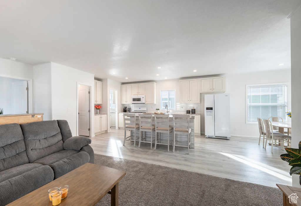 Living room with light hardwood / wood-style flooring