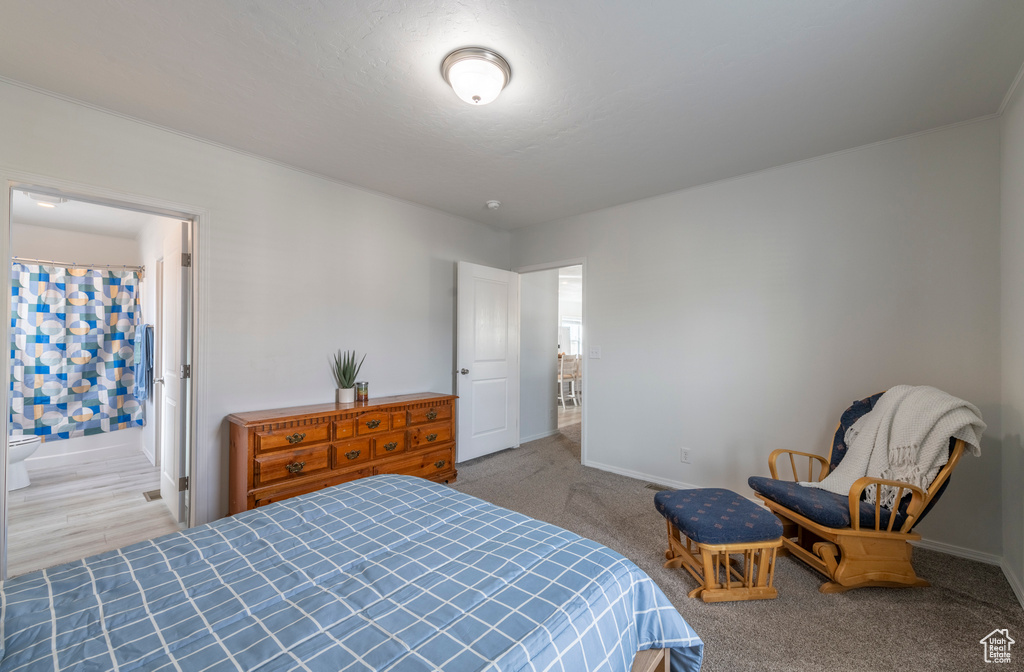 Carpeted bedroom with ensuite bathroom