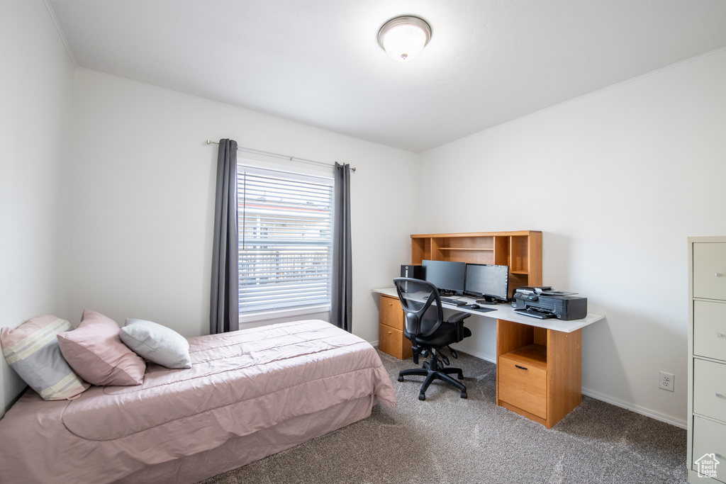 Carpeted bedroom with ornamental molding