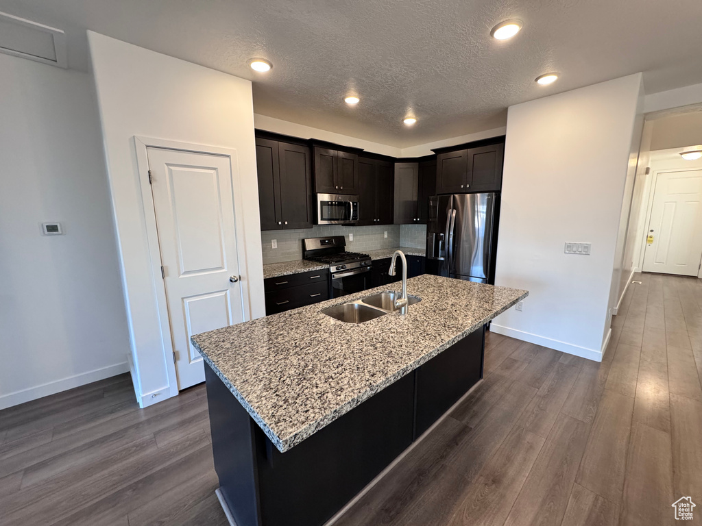 Kitchen featuring dark wood-style flooring, stainless steel appliances, decorative backsplash, a center island with sink, and a sink