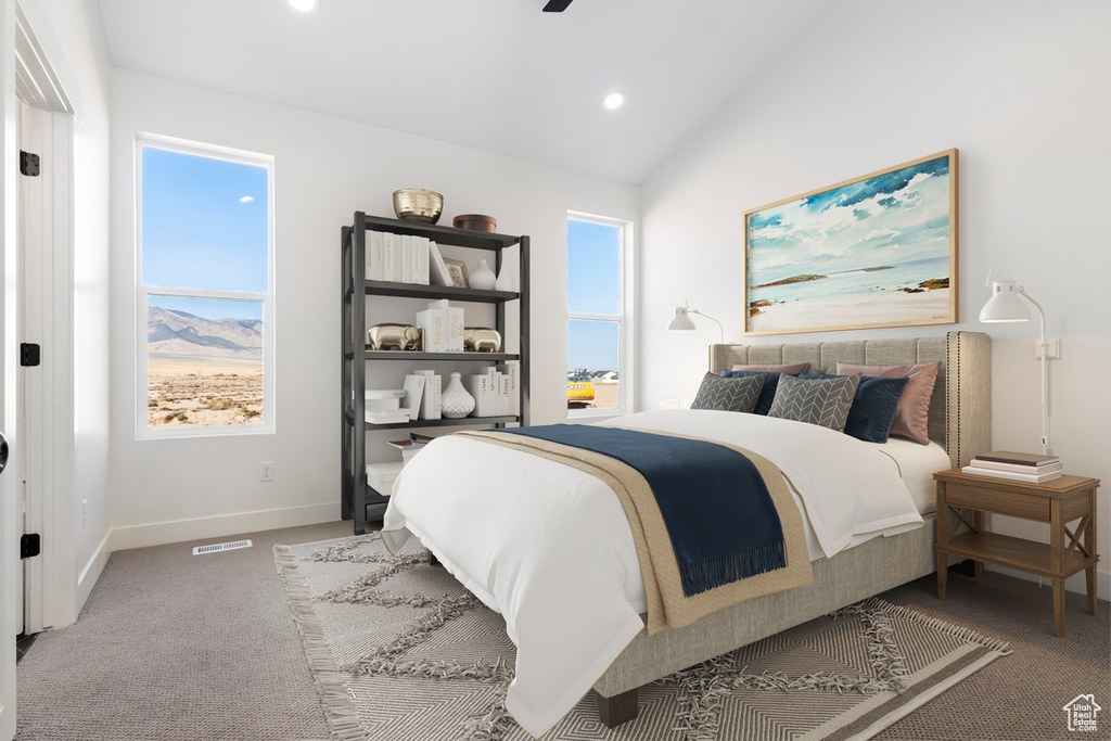 Bedroom with lofted ceiling and carpet floors