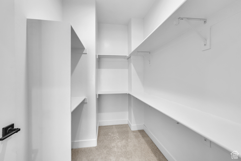 Walk in closet featuring light colored carpet
