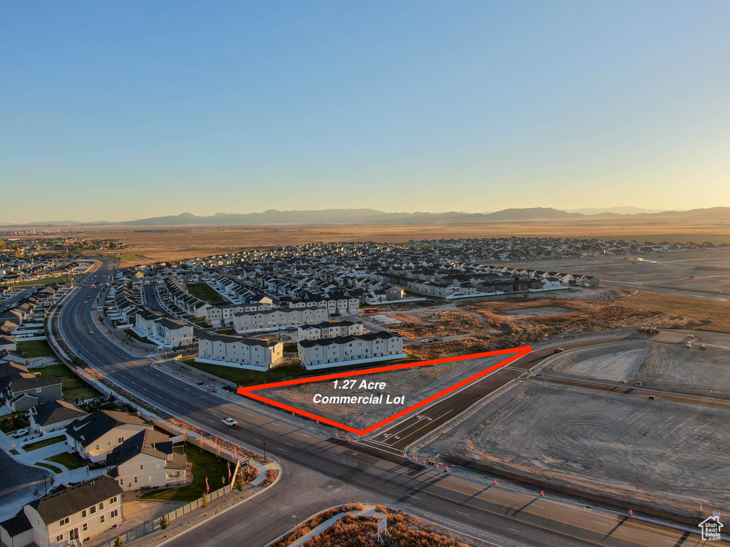 Aerial view at dusk with a mountain view