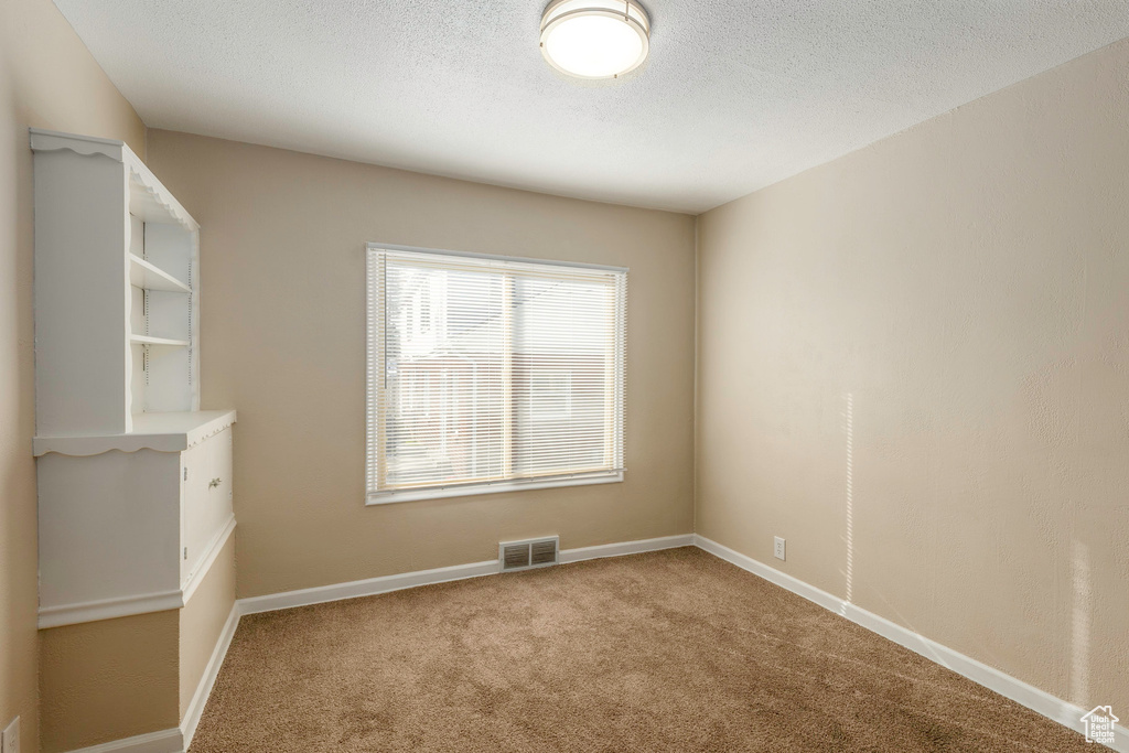 Carpeted spare room with a textured ceiling