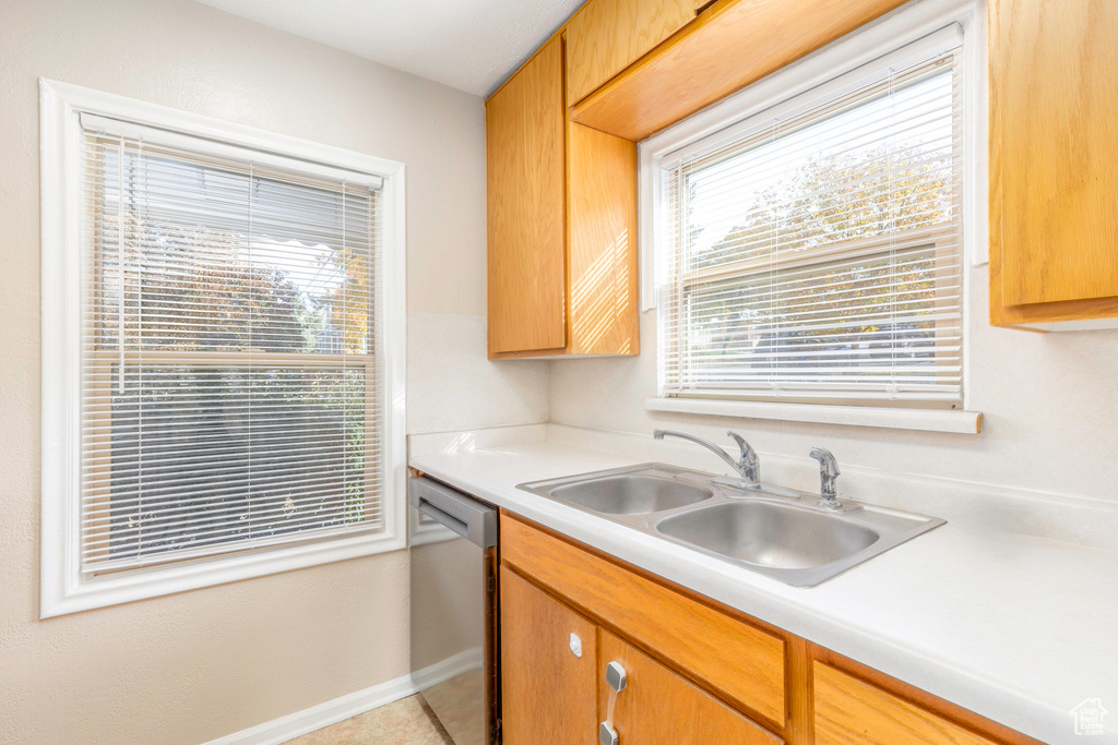 Kitchen with stainless steel dishwasher and sink